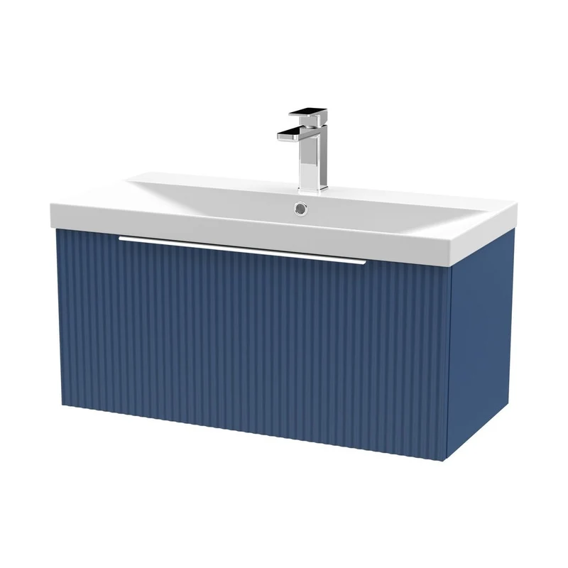Hudson Reed Fluted 800mm Wall Hung Single Drawer Vanity & Basin 3 Contemp Satin Blue MFC Painted Gloss 409x810x395mm