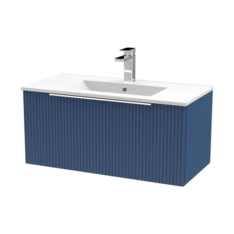 Hudson Reed Fluted 800mm Wall Hung Single Drawer Vanity & Basin 2 Contemp Satin Blue MFC Painted Gloss 377x800x390mm