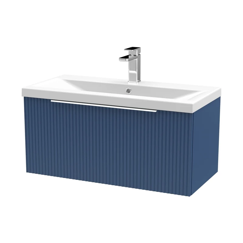Hudson Reed Fluted 800mm Wall Hung Single Drawer Vanity & Basin 1 Contemp Satin Blue MFC Painted Gloss 399x810x390mm