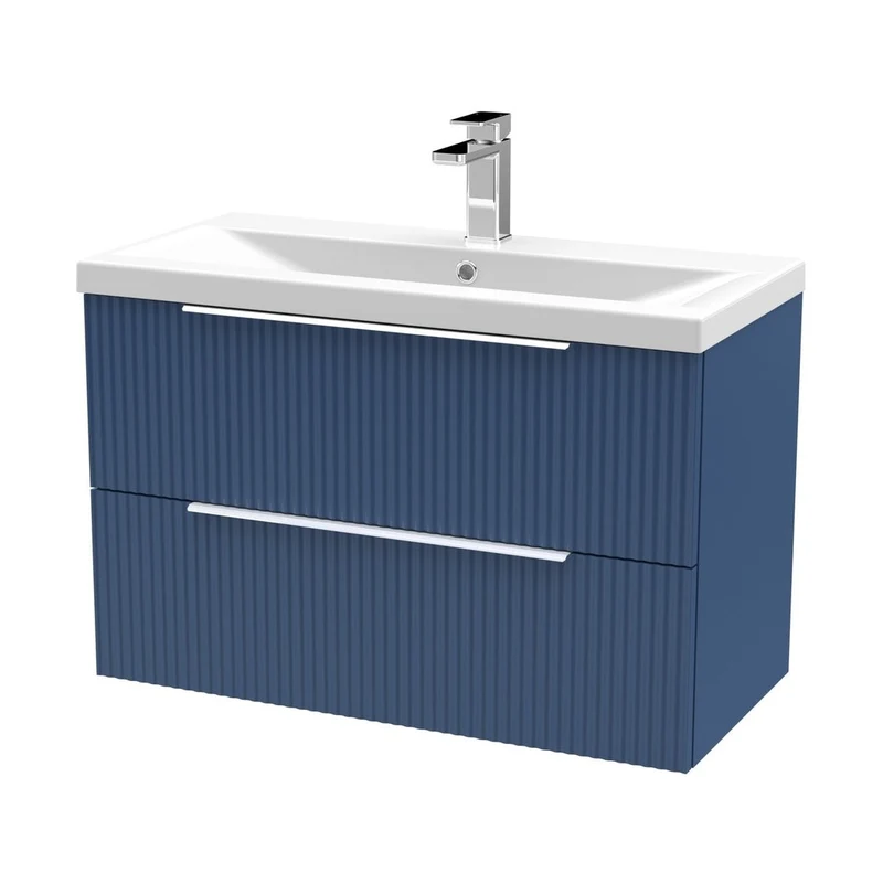 Hudson Reed Fluted 800mm Wall Hung 2 Drawer Vanity & Basin 1 Contemp Satin Blue MFC Painted Gloss 540x810x390mm