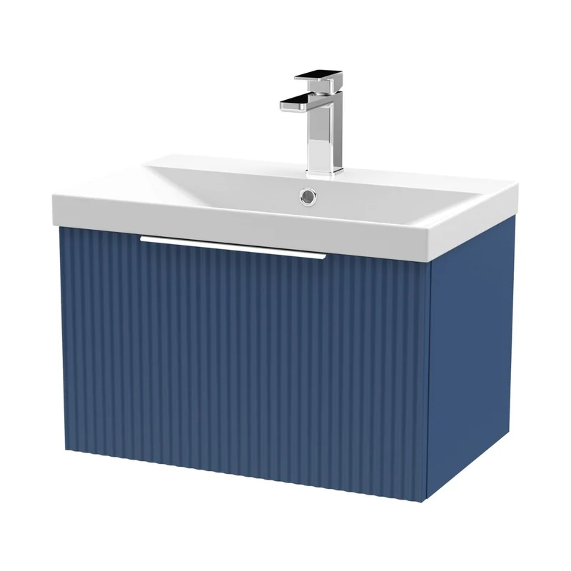 Hudson Reed Fluted 600mm Wall Hung Single Drawer Vanity & Basin 3 Contemp Satin Blue MFC Painted Gloss 409x610x395mm