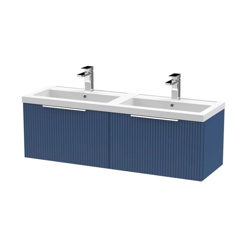 Hudson Reed Fluted 1200mm Wall Hung 2 Drawer Vanity & Double Basin Contemp Satin Blue MFC Painted Gloss 399x1205x383mm - DFF394C