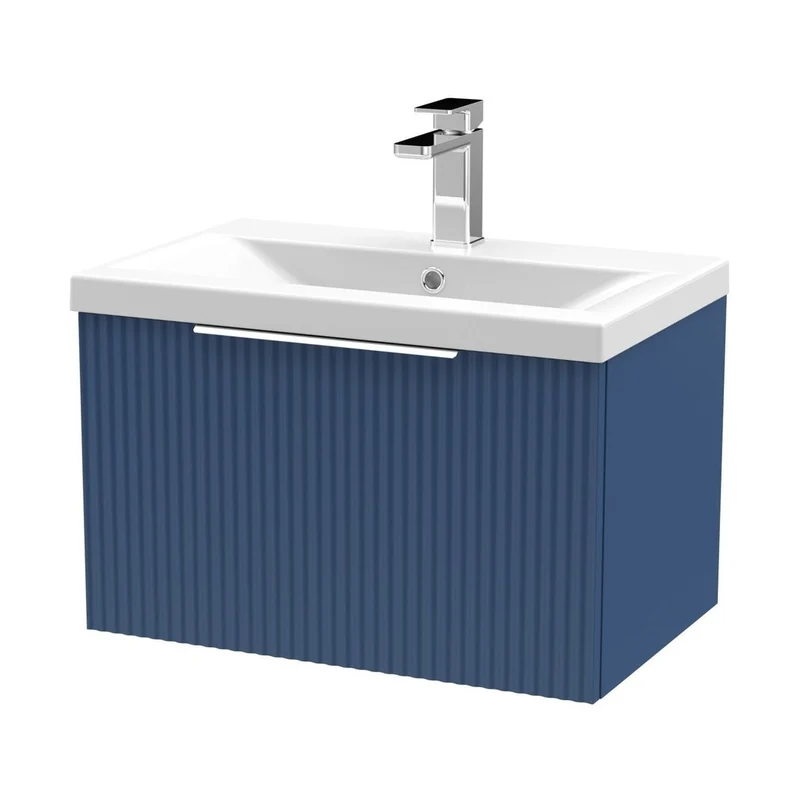 Hudson Reed Fluted 600mm Wall Hung Single Drawer Vanity & Basin 1 Contemp Satin Blue MFC Painted Gloss 399x610x390mm