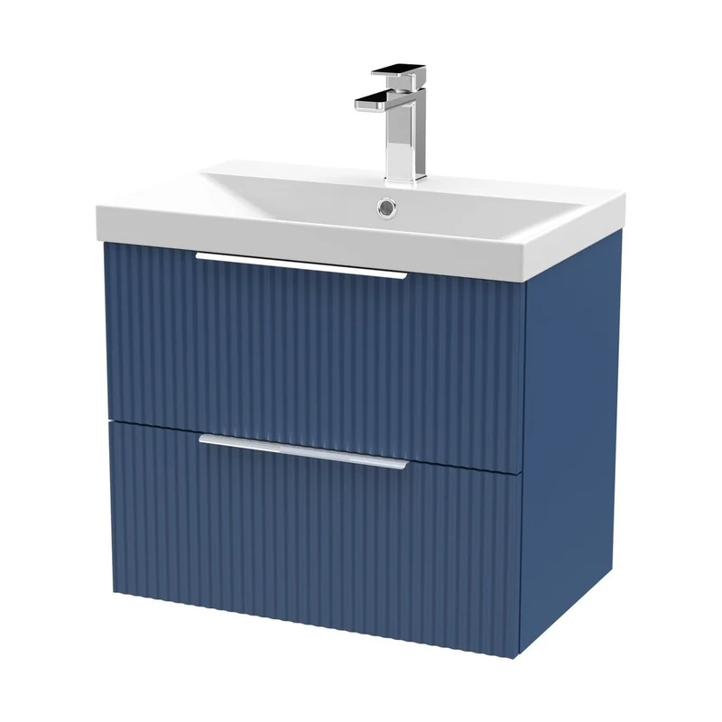 Hudson Reed Fluted 600mm Wall Hung 2 Drawer Vanity & Basin 3 Contemp Satin Blue MFC Painted Gloss 550x610x395mm