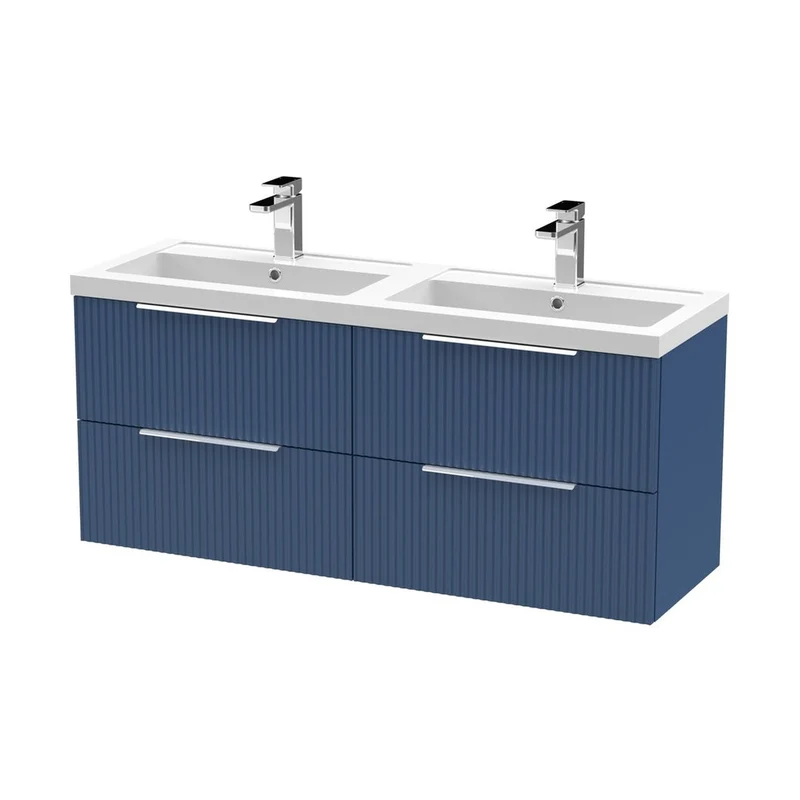 Hudson Reed Fluted 1200mm Wall Hung 4 Drawer Vanity & Double Basin Contemp Satin Blue MFC Painted Gloss 540x1205x383mm - DFF393C