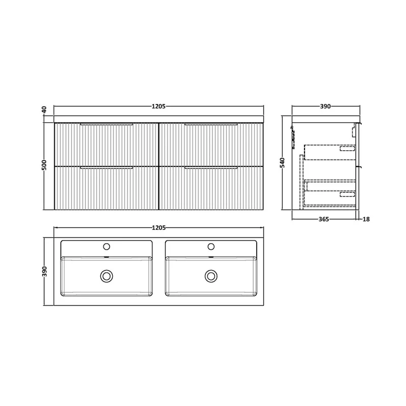 Hudson Reed Fluted 1200mm Wall Hung 4 Drawer Vanity & Double Basin Contemp Satin Blue MFC Painted Gloss 540x1205x383mm - DFF393C