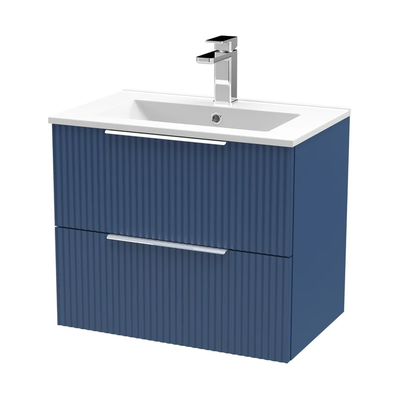 Hudson Reed Fluted 600mm Wall Hung 2 Drawer Vanity & Basin 2 Contemp Satin Blue MFC Painted Gloss 518x600x390mm