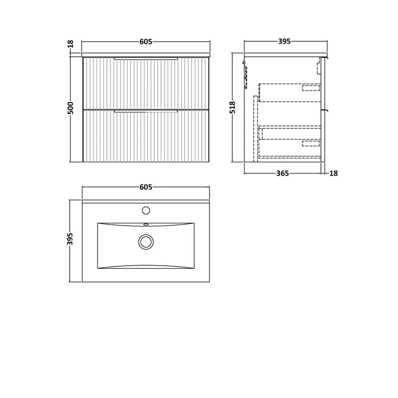 Hudson Reed Fluted 600mm Wall Hung 2 Drawer Vanity & Basin 2 Contemp Satin Blue MFC Painted Gloss 518x600x390mm