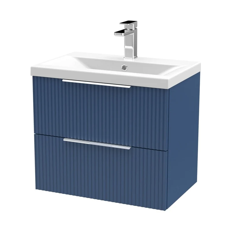 Hudson Reed Fluted 600mm Wall Hung 2 Drawer Vanity & Basin 1 Contemp Satin Blue MFC Painted Gloss 540x610x390mm