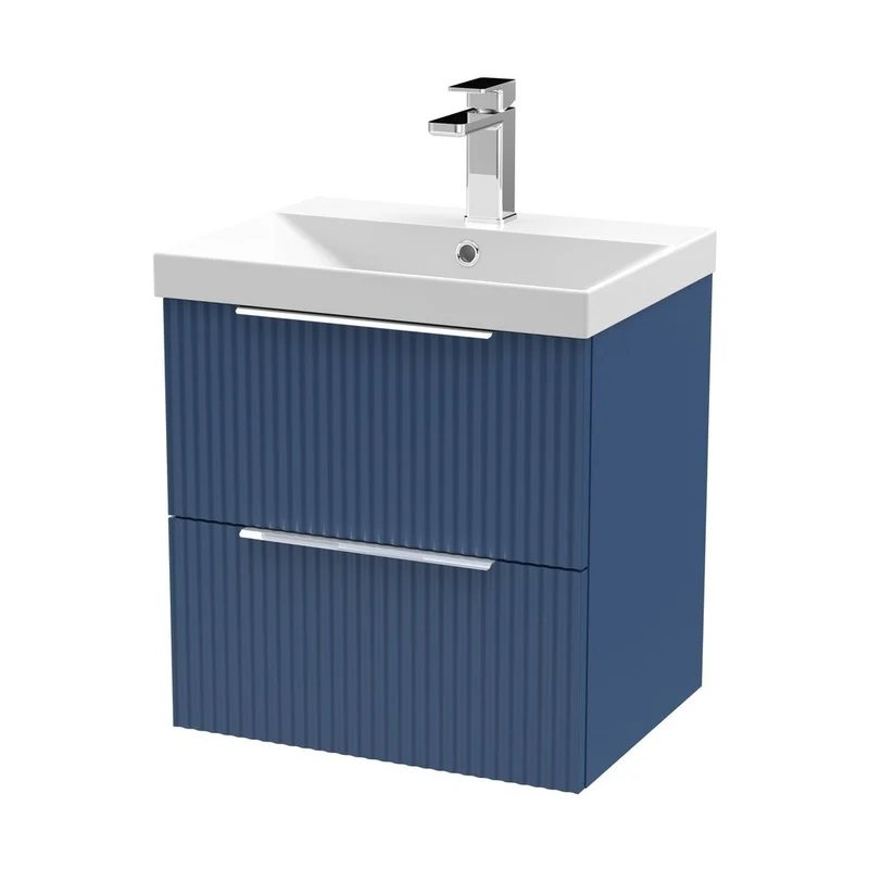 Hudson Reed Fluted 500mm Wall Hung 2 Drawer Vanity & Basin 3 Contemp Satin Blue MFC Painted Gloss 550x510x395mm