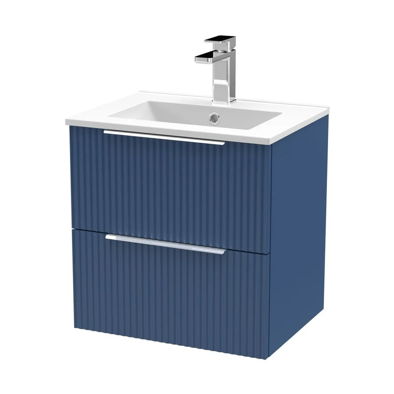 Hudson Reed Fluted 500mm Wall Hung 2 Drawer Vanity & Basin 2 Contemp Satin Blue MFC Painted Gloss 518x500x390mm
