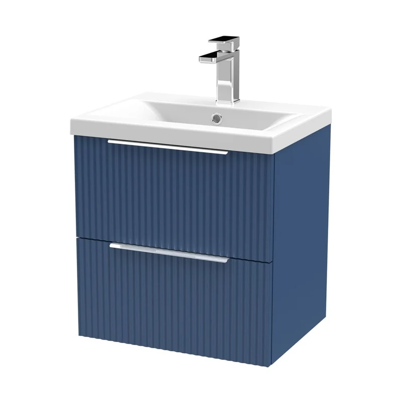 Hudson Reed Fluted 500mm Wall Hung 2 Drawer Vanity & Basin 1 Contemp Satin Blue MFC Painted Gloss 540x510x390mm