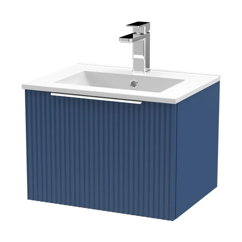 Hudson Reed Fluted 500mm Wall Hung Single Drawer Vanity & Basin 2 Contemp Satin Blue MFC Painted Gloss 377x500x390mm