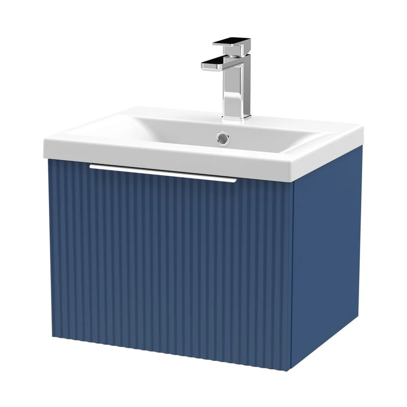 Hudson Reed Fluted 500mm Wall Hung Single Drawer Vanity & Basin 1 Contemp Satin Blue MFC Painted Gloss 399x510x390mm