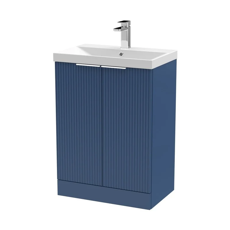 Hudson Reed Fluted 600mm Floor Standing 2 Door Vanity & Basin 3 Contemp Satin Blue MFC Painted Gloss 860x610x395mm