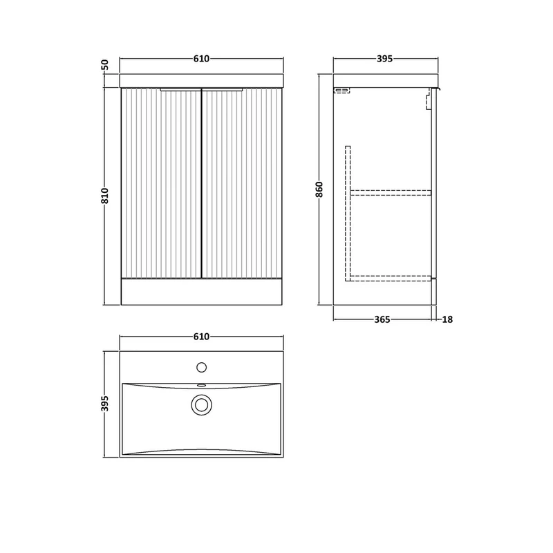 Hudson Reed Fluted 600mm Floor Standing 2 Door Vanity & Basin 3 Contemp Satin Blue MFC Painted Gloss 860x610x395mm