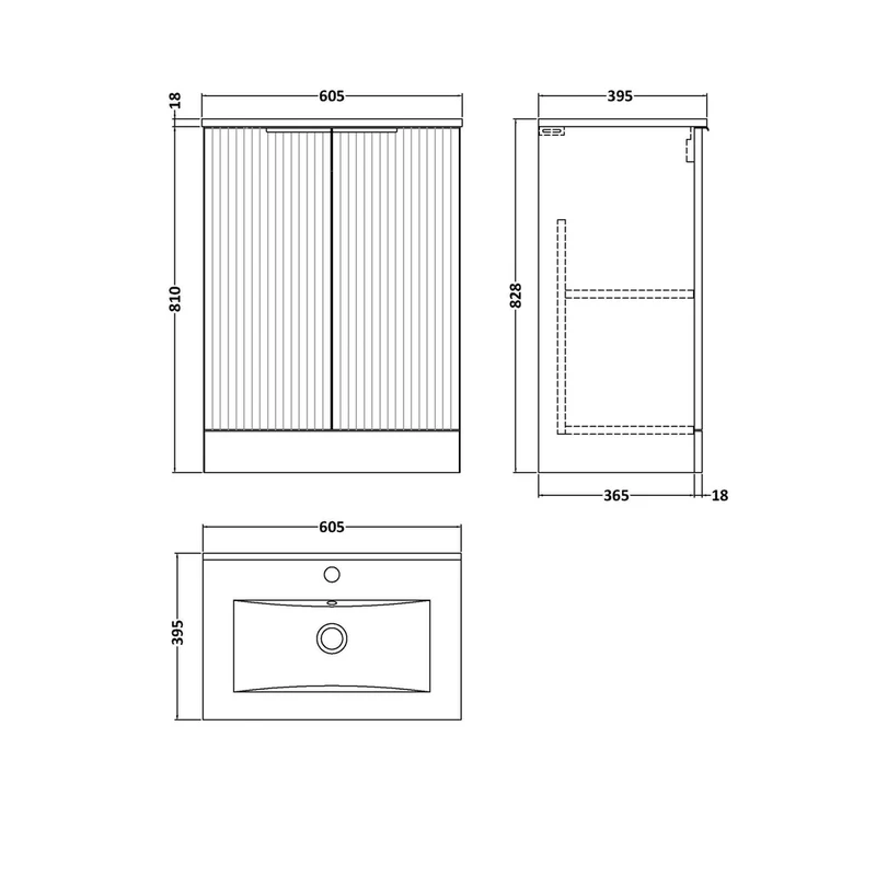 Hudson Reed Fluted 600mm Floor Standing 2 Door Vanity & Basin 2 Contemp Satin Blue MFC Painted Gloss 828x600x390mm