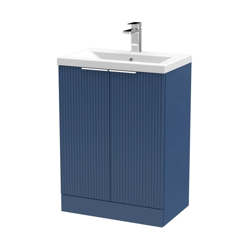Hudson Reed Fluted 600mm Floor Standing 2 Door Vanity & Basin 1 Contemp Satin Blue MFC Painted Gloss 850x610x390mm