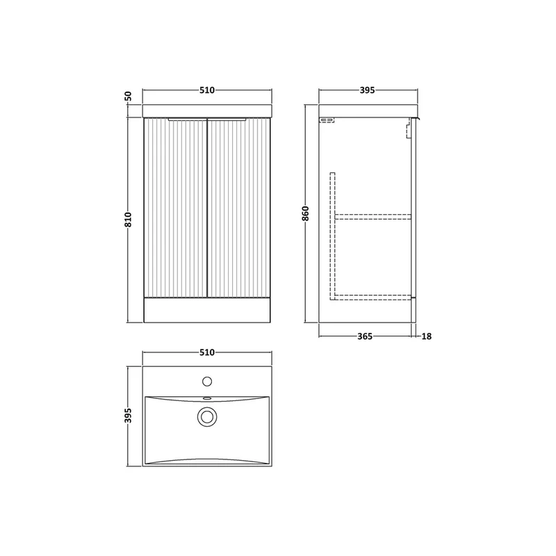 Hudson Reed Fluted 500mm Floor Standing 2 Door Vanity & Basin 3 Contemp Satin Blue MFC Painted Gloss 860x510x395mm
