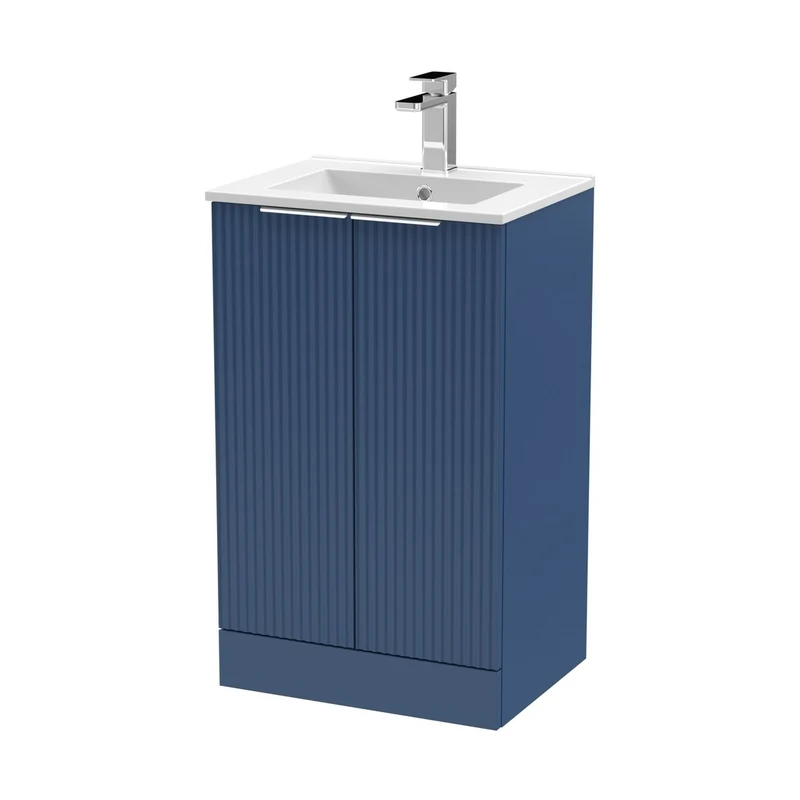 Hudson Reed Fluted 500mm Floor Standing 2 Door Vanity & Basin 2 Contemp Satin Blue MFC Painted Gloss 828x500x390mm