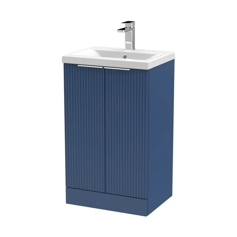 Hudson Reed Fluted 500mm Floor Standing 2 Door Vanity & Basin 1 Contemp Satin Blue MFC Painted Gloss 850x510x390mm
