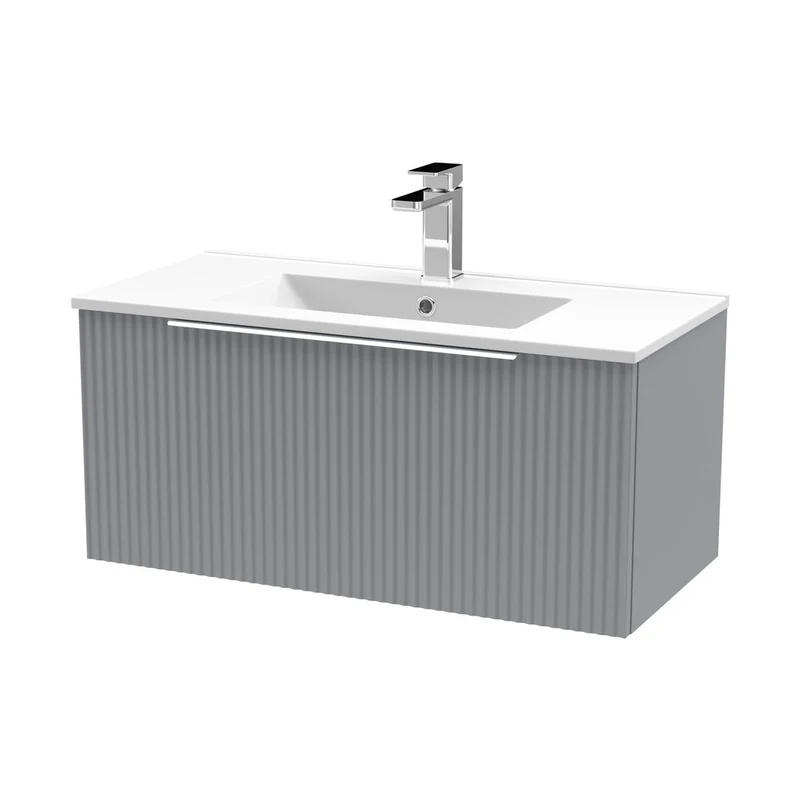 Hudson Reed Fluted 800mm Wall Hung Single Drawer Vanity & Basin 2 Contemp Satin Grey MFC Painted Gloss 377x800x390mm