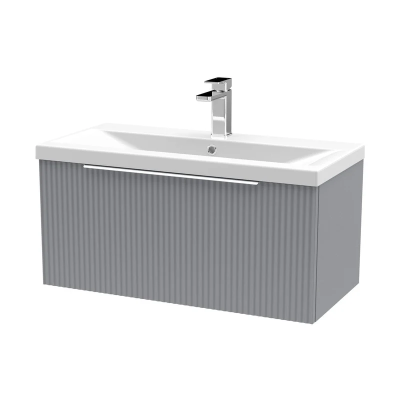 Hudson Reed Fluted 800mm Wall Hung Single Drawer Vanity & Basin 1 Contemp Satin Grey MFC Painted Gloss 399x810x390mm
