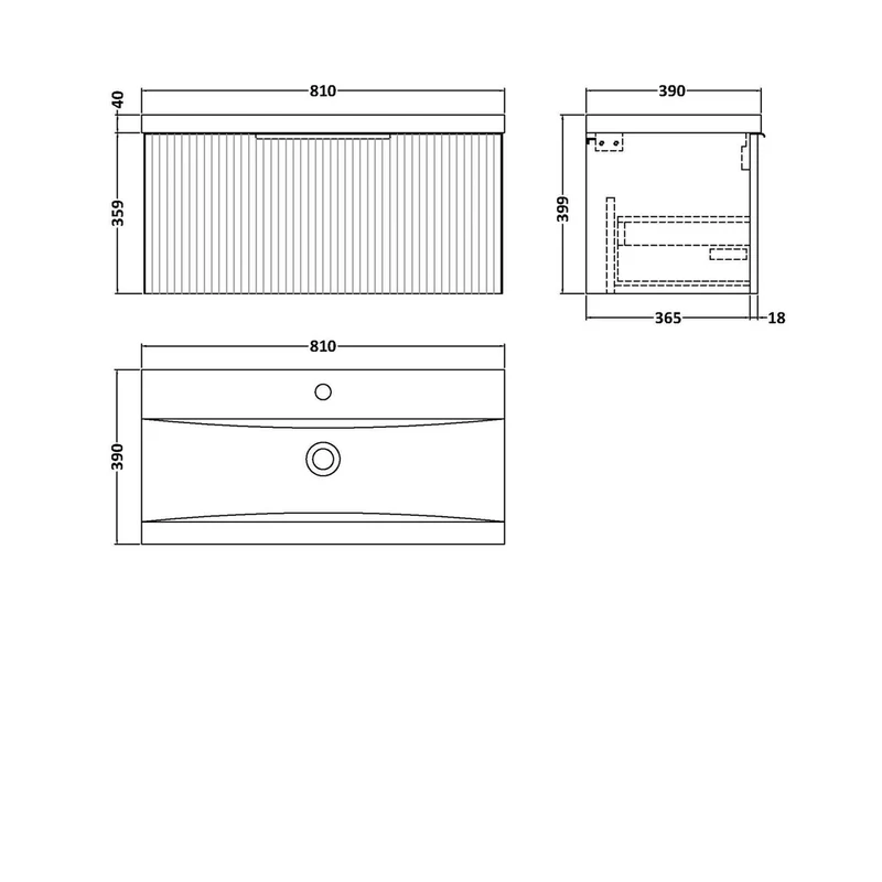 Hudson Reed Fluted 800mm Wall Hung Single Drawer Vanity & Basin 1 Contemp Satin Grey MFC Painted Gloss 399x810x390mm