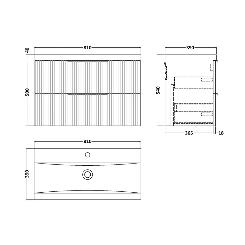 Hudson Reed Fluted 800mm Wall Hung 2 Drawer Vanity & Basin 1 Contemp Satin Grey MFC Painted Gloss 540x810x390mm