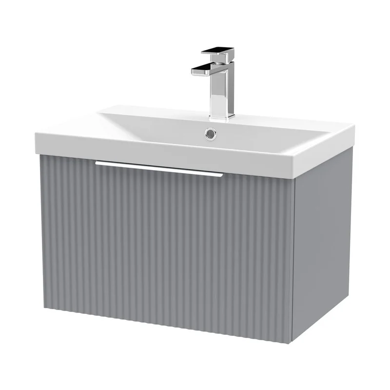 Hudson Reed Fluted 600mm Wall Hung Single Drawer Vanity & Basin 3 Contemp Satin Grey MFC Painted Gloss 409x610x395mm