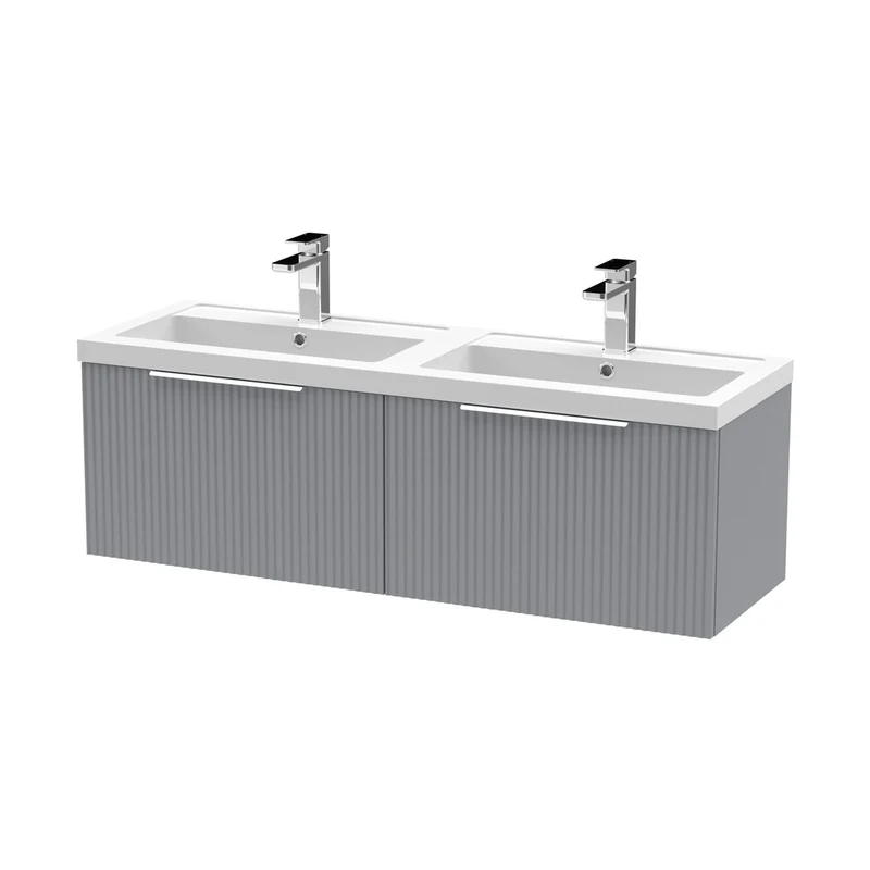 Hudson Reed Fluted 1200mm Wall Hung 2 Drawer Vanity & Double Basin Contemp Satin Grey MFC Painted Gloss 399x1205x383mm - DFF294C