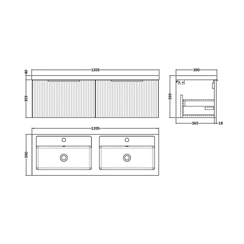Hudson Reed Fluted 1200mm Wall Hung 2 Drawer Vanity & Double Basin Contemp Satin Grey MFC Painted Gloss 399x1205x383mm - DFF294C