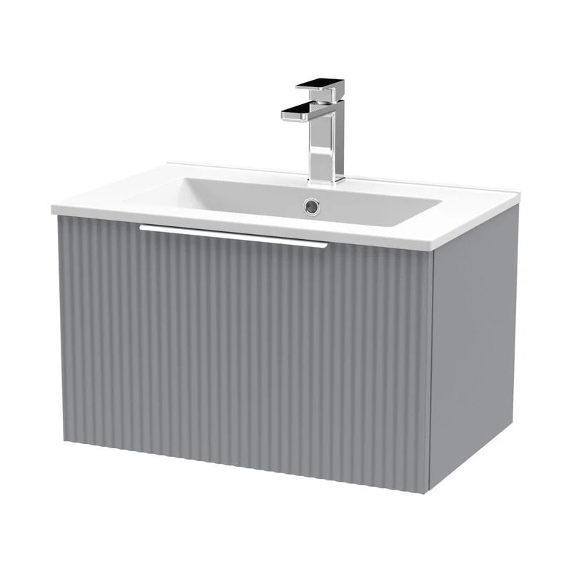 Hudson Reed Fluted 600mm Wall Hung Single Drawer Vanity & Basin 2 Contemp Satin Grey MFC Painted Gloss 377x600x390mm