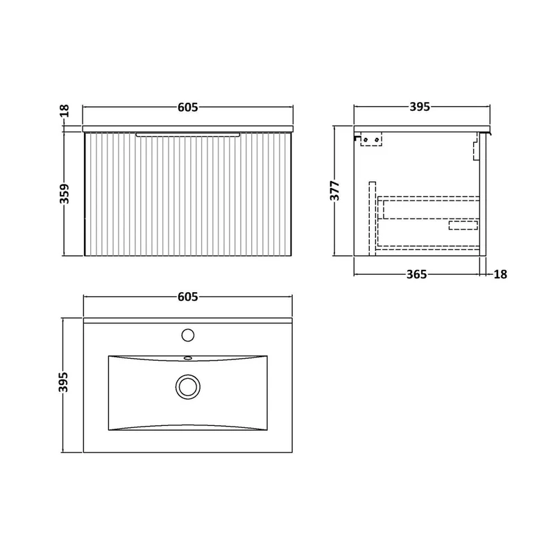 Hudson Reed Fluted 600mm Wall Hung Single Drawer Vanity & Basin 2 Contemp Satin Grey MFC Painted Gloss 377x600x390mm