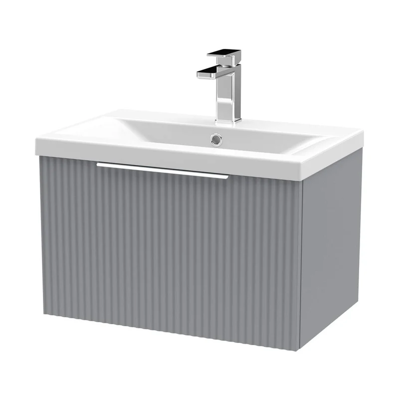 Hudson Reed Fluted 600mm Wall Hung Single Drawer Vanity & Basin 1 Contemp Satin Grey MFC Painted Gloss 399x610x390mm
