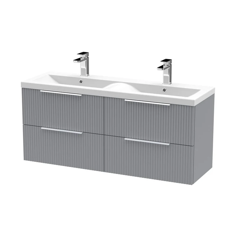 Hudson Reed Fluted 1200mm Wall Hung 4 Drawer Vanity & Double Basin Contemp Satin Grey MFC Painted Gloss 540x1205x383mm - DFF293F