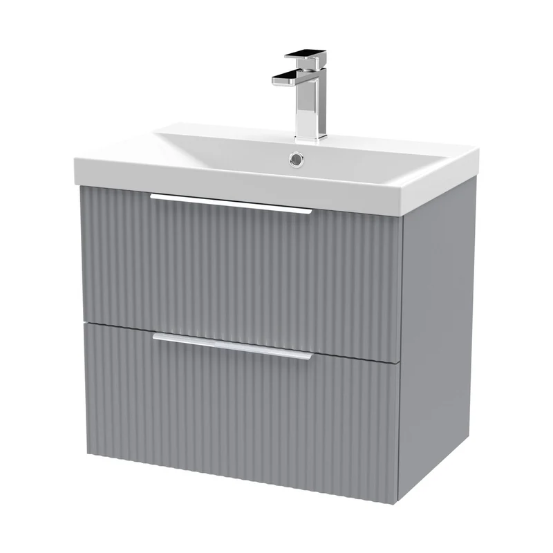Hudson Reed Fluted 600mm Wall Hung 2 Drawer Vanity & Basin 3 Contemp Satin Grey MFC Painted Gloss 550x610x395mm