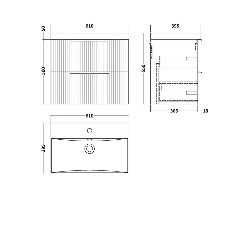 Hudson Reed Fluted 600mm Wall Hung 2 Drawer Vanity & Basin 3 Contemp Satin Grey MFC Painted Gloss 550x610x395mm