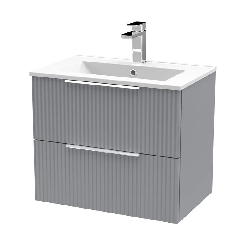 Hudson Reed Fluted 600mm Wall Hung 2 Drawer Vanity & Basin 2 Contemp Satin Grey MFC Painted Gloss 518x600x390mm