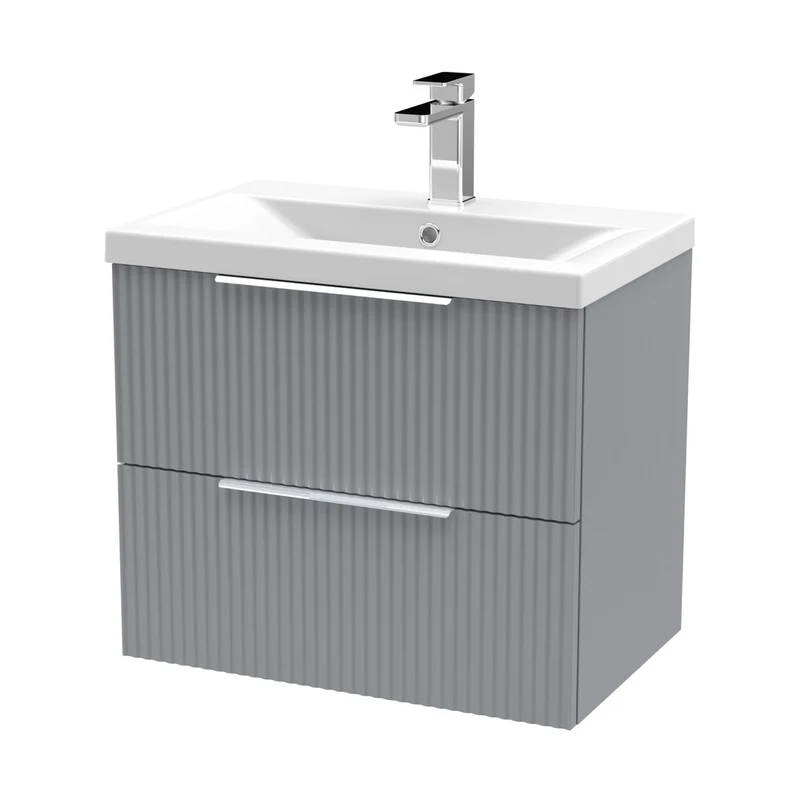 Hudson Reed Fluted 600mm Wall Hung 2 Drawer Vanity & Basin 1 Contemp Satin Grey MFC Painted Gloss 540x610x390mm