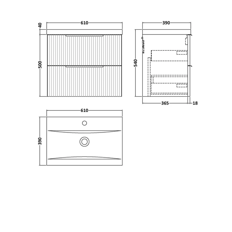 Hudson Reed Fluted 600mm Wall Hung 2 Drawer Vanity & Basin 1 Contemp Satin Grey MFC Painted Gloss 540x610x390mm