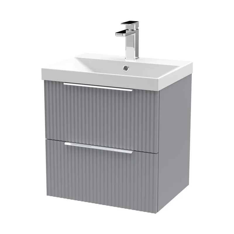 Hudson Reed Fluted 500mm Wall Hung 2 Drawer Vanity & Basin 3 Contemp Satin Grey MFC Painted Gloss 550x510x395mm