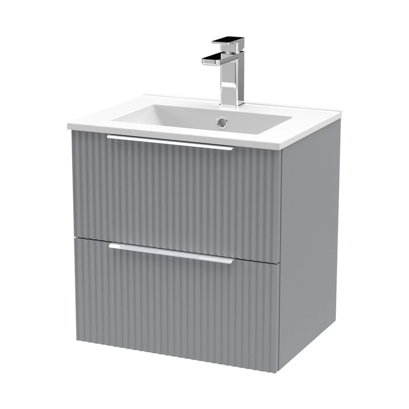 Hudson Reed Fluted 500mm Wall Hung 2 Drawer Vanity & Basin 2 Contemp Satin Grey MFC Painted Gloss 518x500x390mm