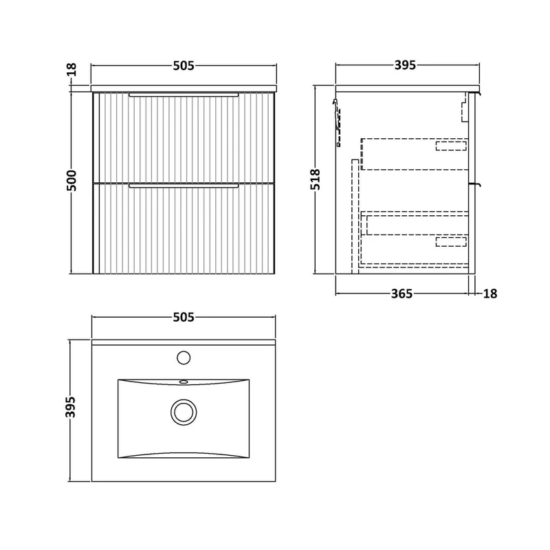 Hudson Reed Fluted 500mm Wall Hung 2 Drawer Vanity & Basin 2 Contemp Satin Grey MFC Painted Gloss 518x500x390mm