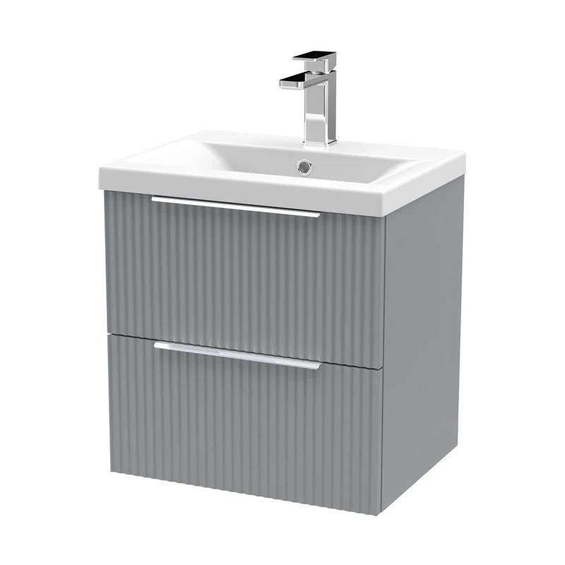 Hudson Reed Fluted 500mm Wall Hung 2 Drawer Vanity & Basin 1 Contemp Satin Grey MFC Painted Gloss 540x510x390mm