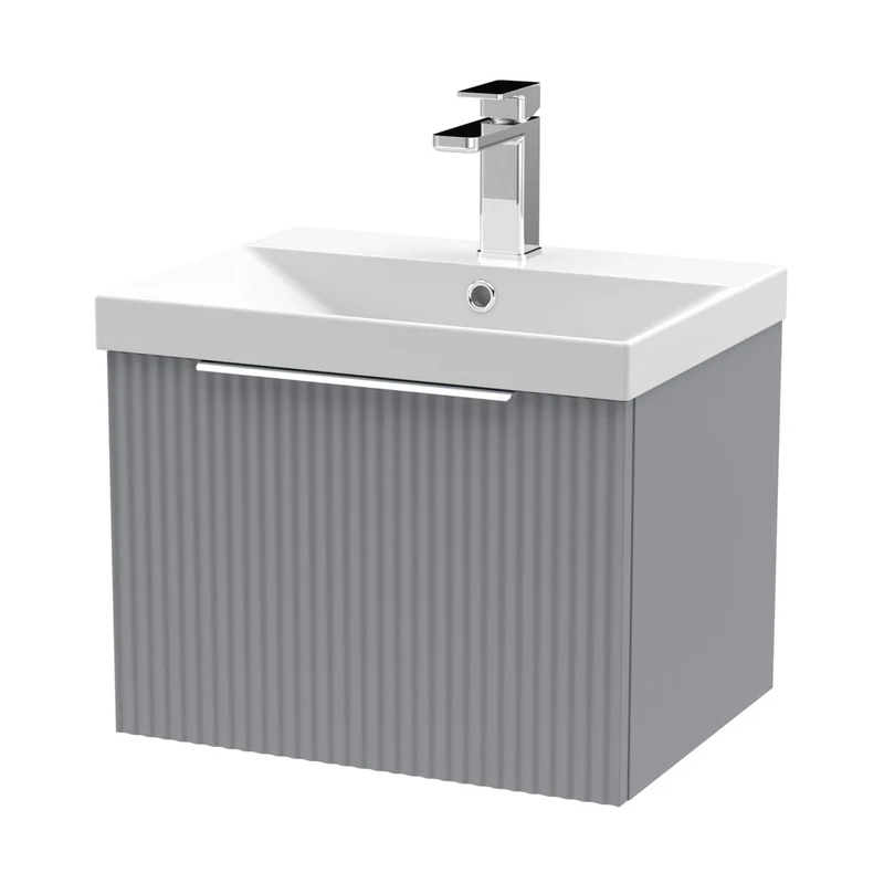 Hudson Reed Fluted 500mm Wall Hung Single Drawer Vanity & Basin 3 Contemp Satin Grey MFC Painted Gloss 409x510x395mm