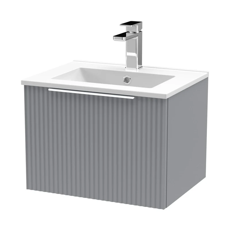 Hudson Reed Fluted 500mm Wall Hung Single Drawer Vanity & Basin 2 Contemp Satin Grey MFC Painted Gloss 377x500x390mm