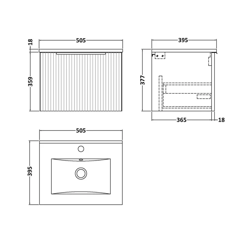 Hudson Reed Fluted 500mm Wall Hung Single Drawer Vanity & Basin 2 Contemp Satin Grey MFC Painted Gloss 377x500x390mm
