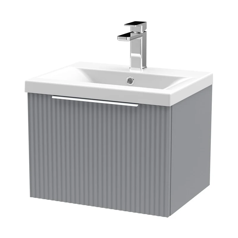 Hudson Reed Fluted 500mm Wall Hung Single Drawer Vanity & Basin 1 Contemp Satin Grey MFC Painted Gloss 399x510x390mm
