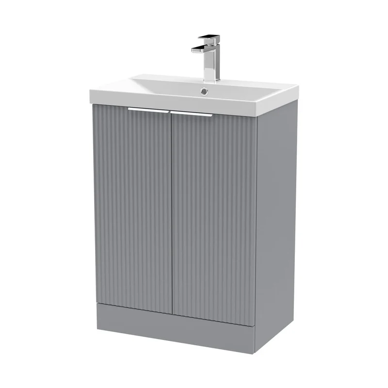 Hudson Reed Fluted 600mm Floor Standing 2 Door Vanity & Basin 3 Contemp Satin Grey MFC Painted Gloss 860x610x395mm